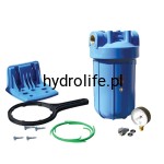 FH10B1-B-WB - 10" narurowy zestaw filtrujący typu Big Blue z mosiężnym przyłączem 1", komplet zawiera: 10" korpus BB, płykę wraz z wkrętami, klucz, ciśnieniomierz oraz akcesora - PROMOCJA! BAKTERIOSTATYCZNY DYSK CENTRUJĄCY GRATIS!