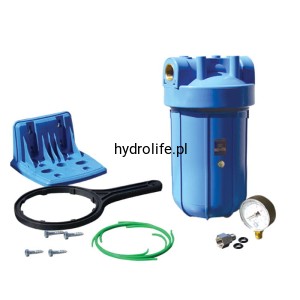 FH10B1-B-WB - 10" narurowy zestaw filtrujący typu Big Blue z mosiężnym przyłączem 1", komplet zawiera: 10" korpus BB, płykę wraz z wkrętami, klucz, ciśnieniomierz oraz akcesora - PROMOCJA! BAKTERIOSTATYCZNY DYSK CENTRUJĄCY GRATIS!