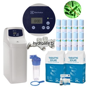 ELECTROLUX14L_SET, ZMIĘKCZACZ WODY, UP-FLOW, BY-PASS, SUCHY ZBIORNIK, 5 LAT GWARANCJI. KOMPLET: KORPUS, WKŁADY, SÓL, TESTER, WEŻE POPŁUCZYN.
