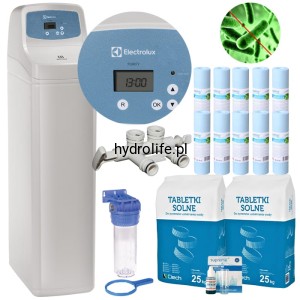 ELECTROLUX17L PURIFY_SET, ZMIĘKCZACZ WODY Z WĘGLEM AKTYWNYM,, UP-FLOW, BY-PASS, SUCHY ZBIORNIK, 5 LAT GWARANCJI. KOMPLET: KORPUS, WKŁADY, SÓL, TESTER, WEŻE POPŁUCZYN.