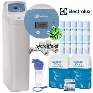 ELECTROLUX17L PURIFY_SET, ZMIĘKCZACZ WODY Z WĘGLEM AKTYWNYM,, UP-FLOW, BY-PASS, SUCHY ZBIORNIK, 5 LAT GWARANCJI. KOMPLET: KORPUS, WKŁADY, SÓL, TESTER, WEŻE POPŁUCZYN.