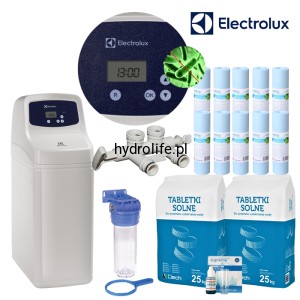 ELECTROLUX14L_SET, ZMIĘKCZACZ WODY, UP-FLOW, BY-PASS, SUCHY ZBIORNIK, 5 LAT GWARANCJI. KOMPLET: KORPUS, WKŁADY, SÓL, TESTER, WEŻE POPŁUCZYN.