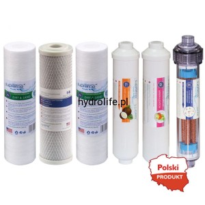 SET-RO7-SUPREME - Zestaw sześciu wkładów (kpl. do RO7): trzech wkładów filtracji wstępnej - mechanicznych S-PP20 i S-PP5, węglowego S-BL, oraz liniowego wkładu uszlachetniającego S-L-CARB, mineralizującego S-L-MIN, a także wkładu jonizującego S-L-FIR